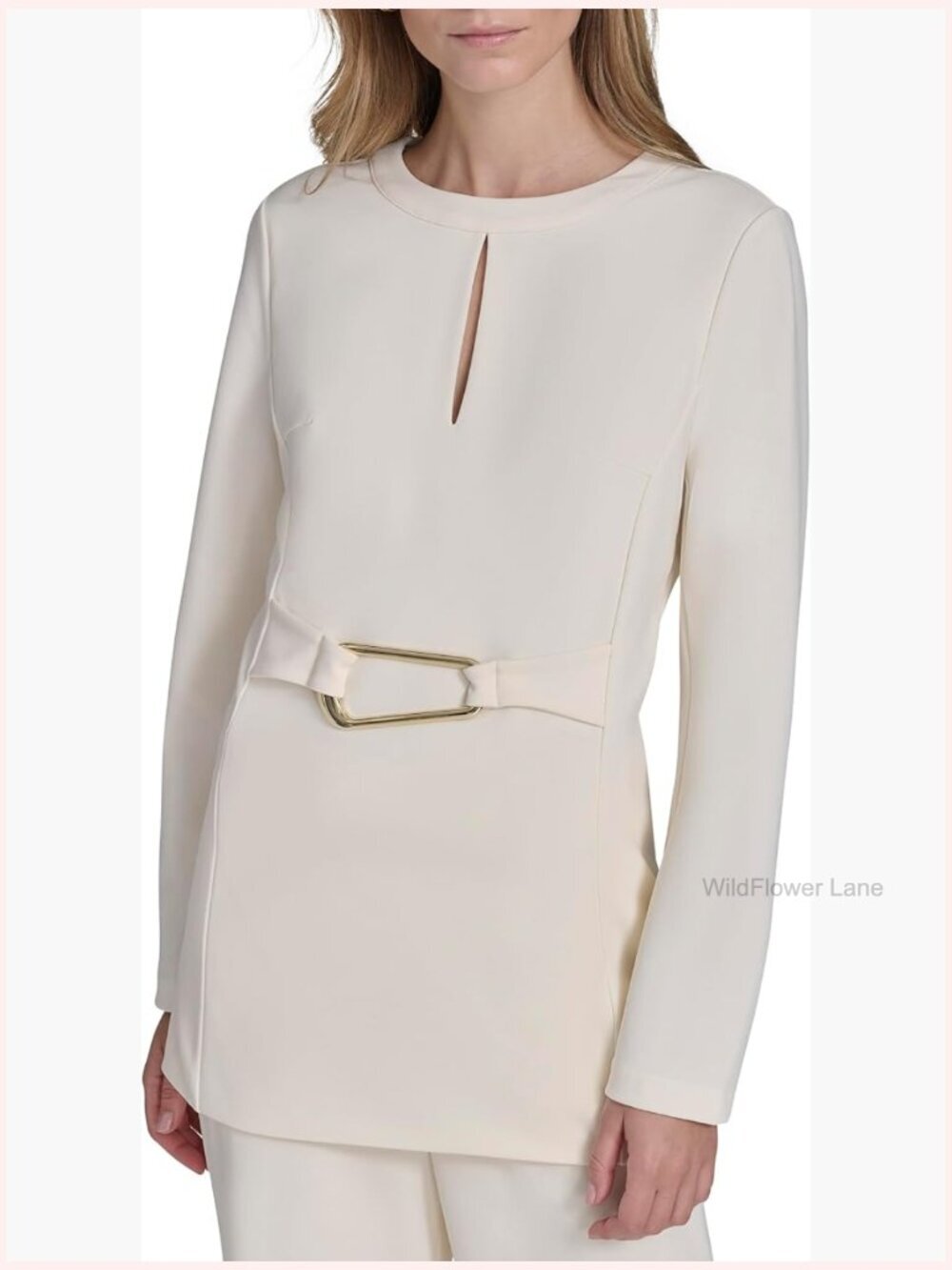Belted Long Sleeve Keyhole Neck Peasant Top